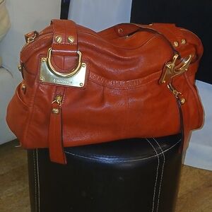 B. Makowsky Large Glove East West Cherry Red Pebbled Leather Slouchy  Satchel